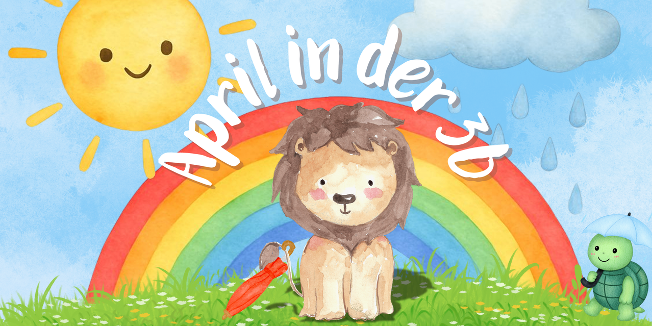 Illustration eines kleinen Löwen, der einen Regenschirm unter einem Regenbogen hält, mit den Worten 'April in deru' darüber geschrieben.