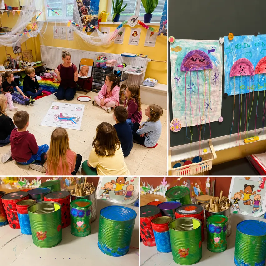 Eine Collage von Bildern zeigt Kinder in einem Klassenzimmer, die an einem Kunstprojekt teilnehmen. Das erste Bild zeigt eine Frau, die eine Gruppendiskussion leitet. Das zweite Bild zeigt farbenfrohe Papierbasteleien an einer Wand. Das dritte Bild zeigt mehrere Dosen, die mit verschiedenen Designs bemalt sind.