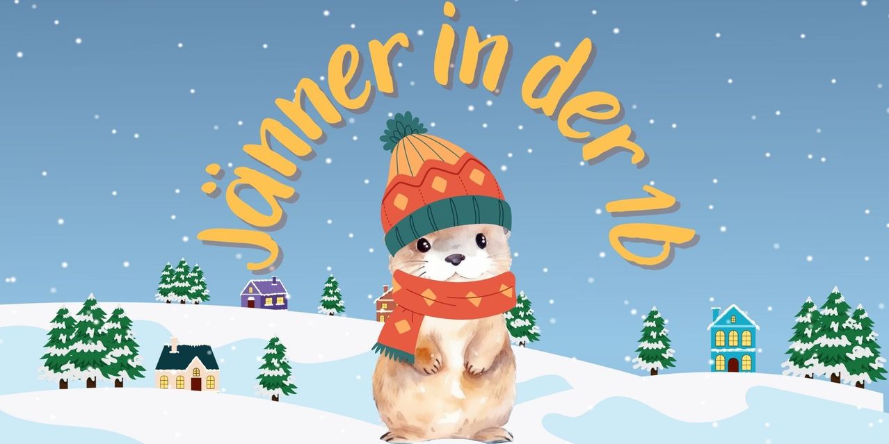 Ein illustrierter Hamster, gekleidet in einen roten Schal und einen Winterhut, steht auf schneebedecktem Boden mit Bäumen und einem Haus im Hintergrund.