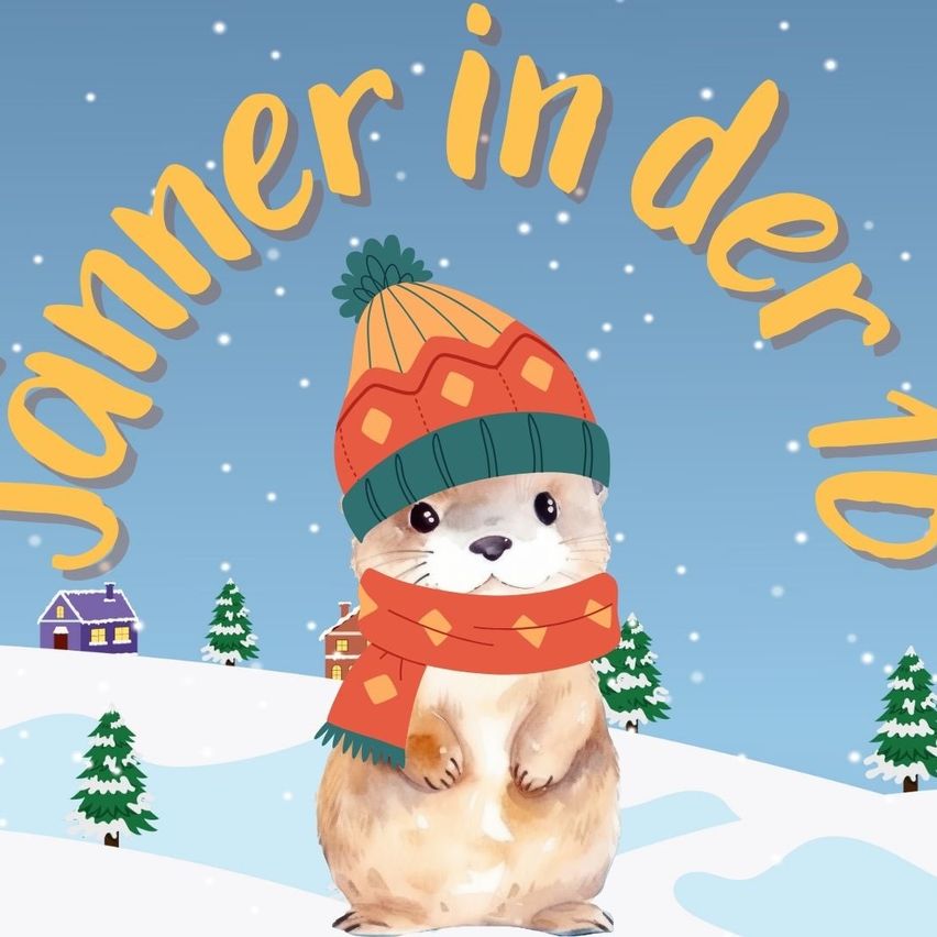 Ein illustrierter Hamster, gekleidet in einen roten Schal und einen Winterhut, steht auf schneebedecktem Boden mit Bäumen und einem Haus im Hintergrund.