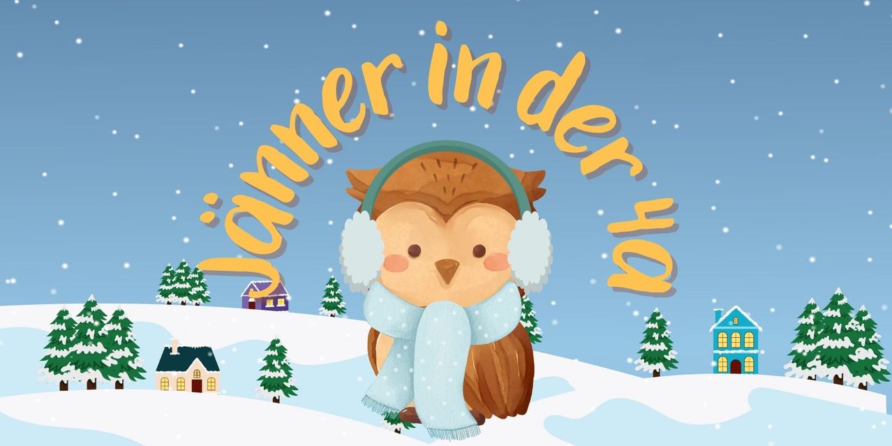 Eine Illustration eines Cartoon-Kauz, der Winterkleidung trägt, in einer verschneiten Landschaft mit den Worten 'Sommer in der H' darüber geschrieben.