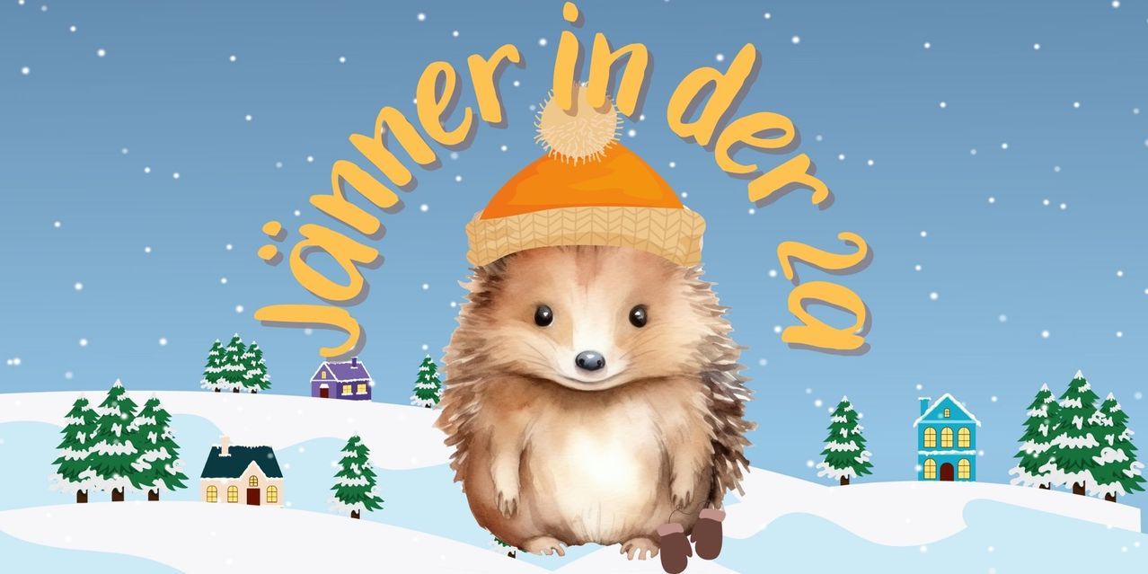 Eine Illustration eines Igels, der einen orangefarbenen Winterhut trägt. Der Igel steht im Schnee mit Weihnachtsbäumen im Hintergrund. Der Text 'Jammer in der' ist in Gelb geschrieben.