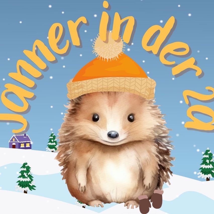 Eine Illustration eines Igels, der einen orangefarbenen Winterhut trägt. Der Igel steht im Schnee mit Weihnachtsbäumen im Hintergrund. Der Text 'Jammer in der' ist in Gelb geschrieben.
