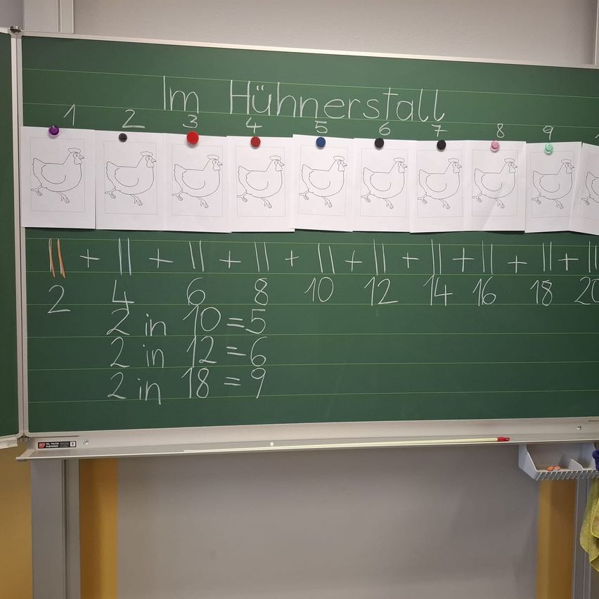 Eine Tafel mit der Überschrift Im Hühnerstall zeigt eine Reihe von Hühnerzeichnungen, nummeriert von 1 bis 9, jeweils mit farbigen Pins darüber. Darunter sind mathematische Gleichungen an der Tafel geschrieben.