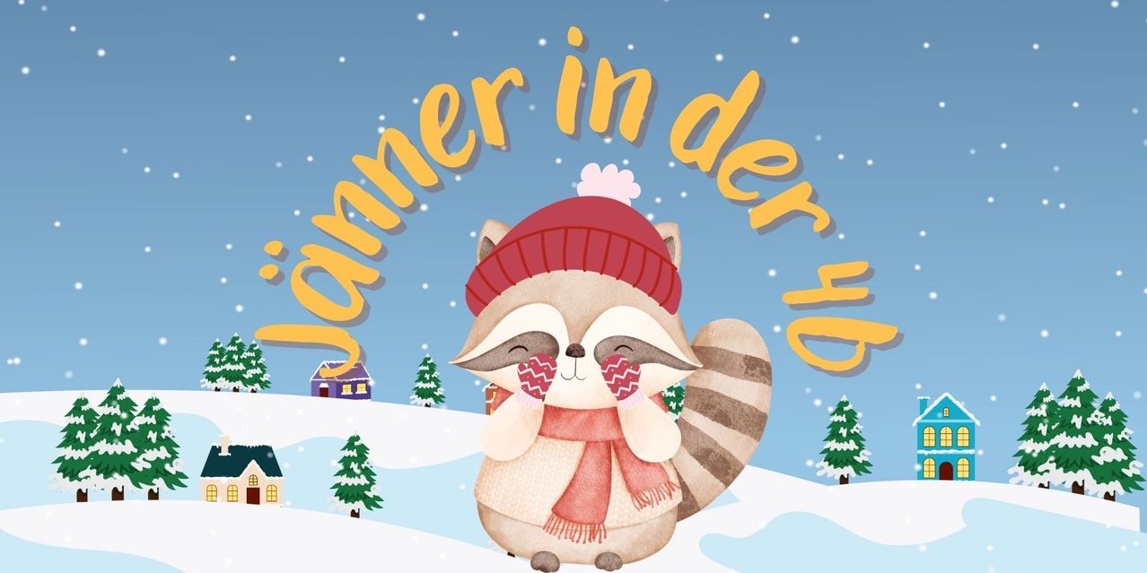 Ein Waschbär mit rotem Hut und Schal ist in einer verschneiten Landschaft mit Weihnachtsbäumen dargestellt. Der Textüberlagerung lautet 'Sommer in der Zeit'.