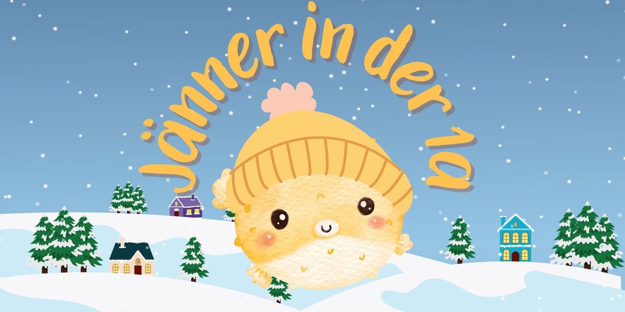 Eine fröhliche Illustration eines runden Charakters, der eine gelbe Mütze mit einer rosa Schleife trägt, steht in einer verschneiten Landschaft mit schneebedeckten Bäumen und einem kleinen Haus in der Ferne. Der Text 'Jammer in der welt' ist in Gelb geschrieben.