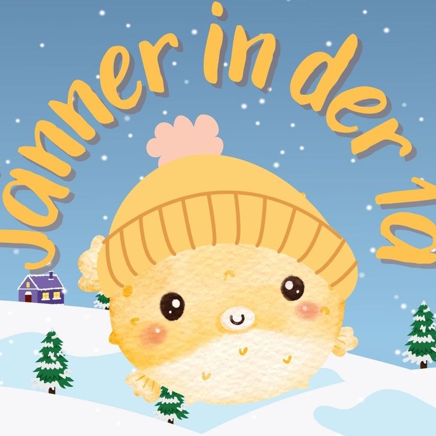 Eine fröhliche Illustration eines runden Charakters, der eine gelbe Mütze mit einer rosa Schleife trägt, steht in einer verschneiten Landschaft mit schneebedeckten Bäumen und einem kleinen Haus in der Ferne. Der Text 'Jammer in der welt' ist in Gelb geschrieben.