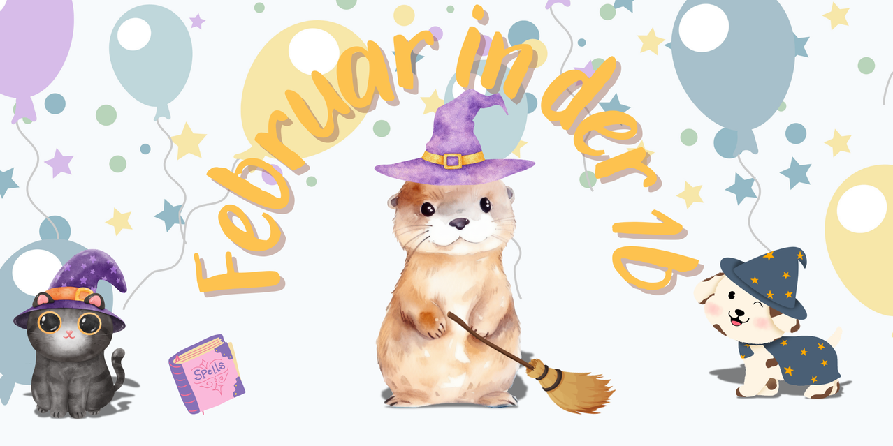 Eine Cartoon-Murmeltier in einem lila Hexenhut mit einem Besen in der Hand, mit Text 'Februar in der zi' darum herum.