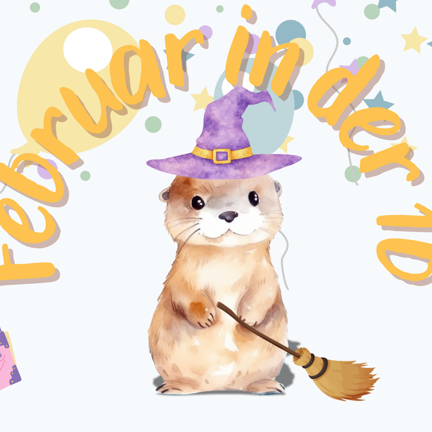Eine Cartoon-Murmeltier in einem lila Hexenhut mit einem Besen in der Hand, mit Text 'Februar in der zi' darum herum.
