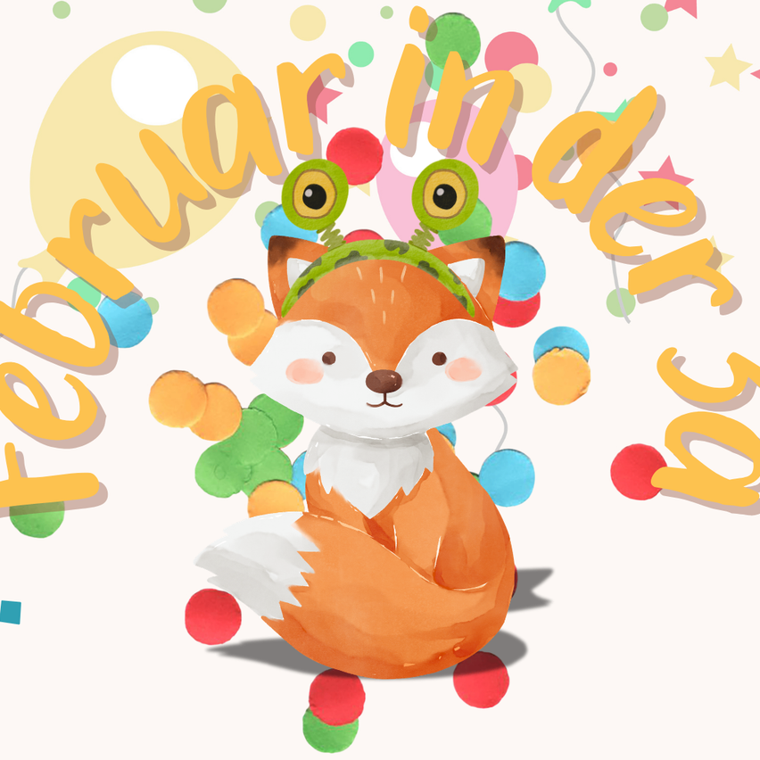 Ein Fuchs mit einer Krone und zwei Fröschen ist von bunten Luftballons umgeben. Die Worte 'Februar im Kindergarten' sind in Gelb auf einem weißen Hintergrund geschrieben.