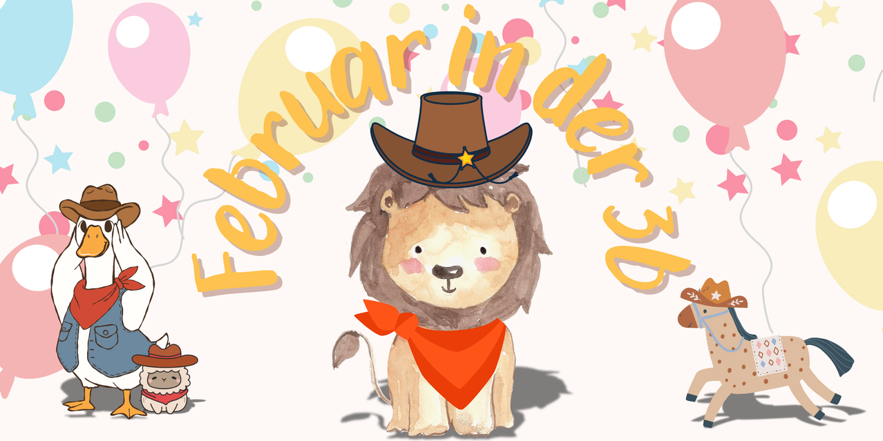 Eine Illustration eines Löwen, der einen Cowboyhut und ein rotes Halstuch trägt, mit den Worten 'February in der' auf einem weißen Hintergrund.