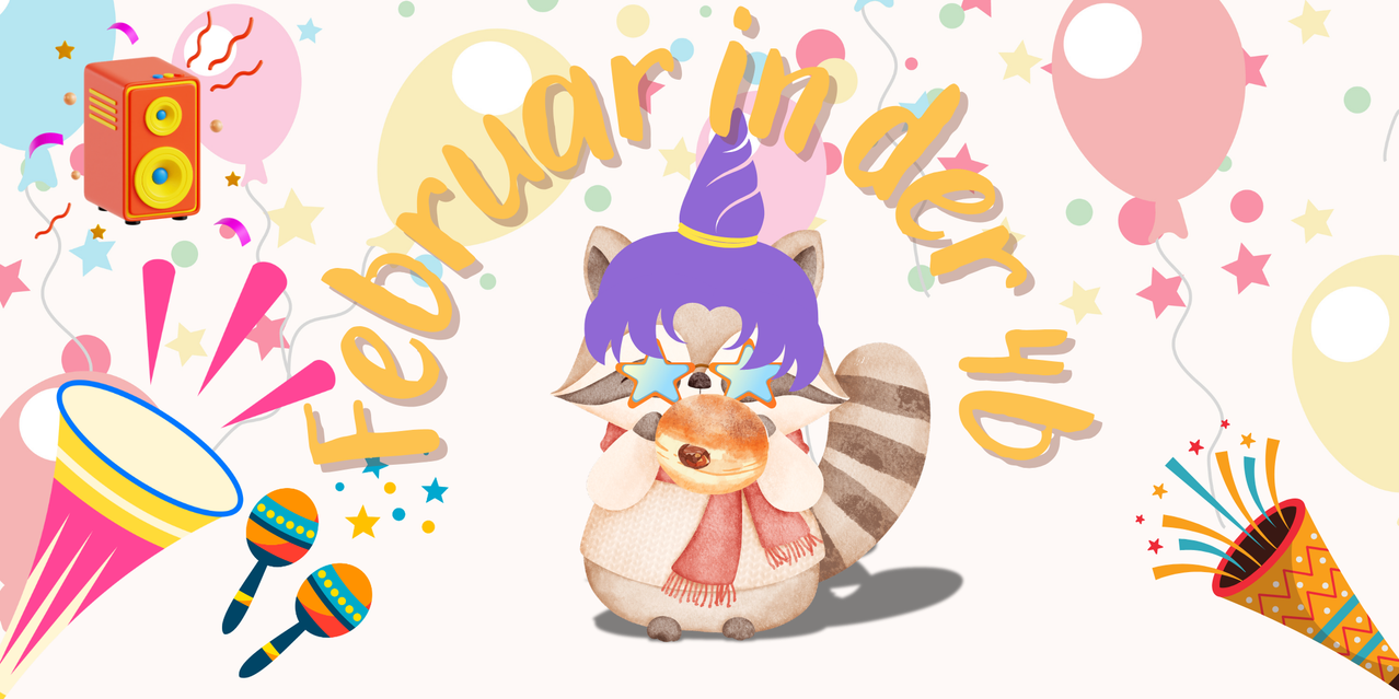 Ein Waschbär mit Partyhut und Schal feiert mit Sternen und Luftballons am 14. Februar.