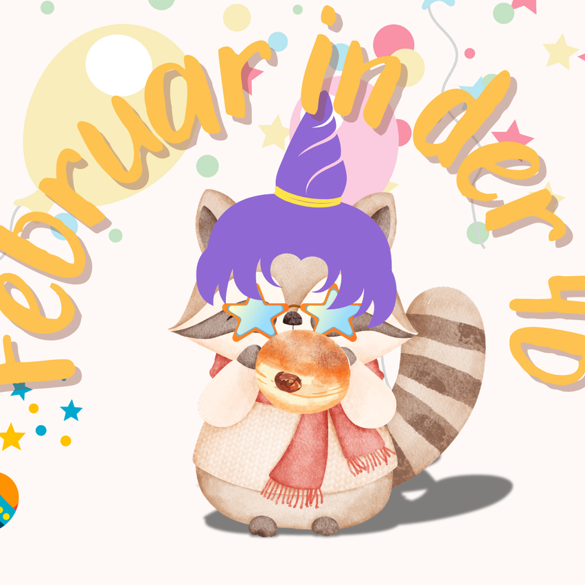 Ein Waschbär mit Partyhut und Schal feiert mit Sternen und Luftballons am 14. Februar.