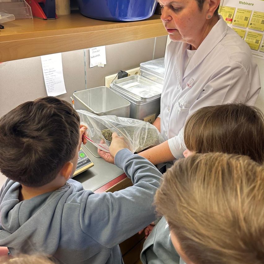 Eine Frau in einer Laborkittel hilft einem Jungen mit einem Plastikbeutel. Andere Kinder beobachten in der Nähe. Im Hintergrund befinden sich Regale mit Aufbewahrungsboxen und einer Waage.