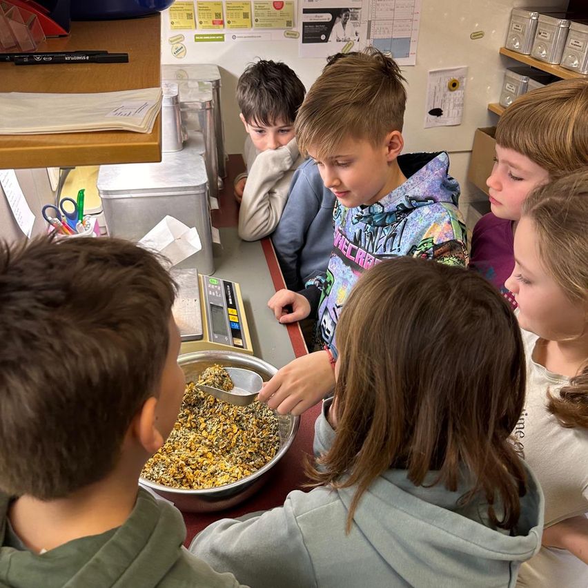 Eine Gruppe von Kindern steht um einen Tisch herum. Ein Junge benutzt eine Schaufel, um etwas in eine Schüssel zu messen. Ein anderes Kind schaut zu.