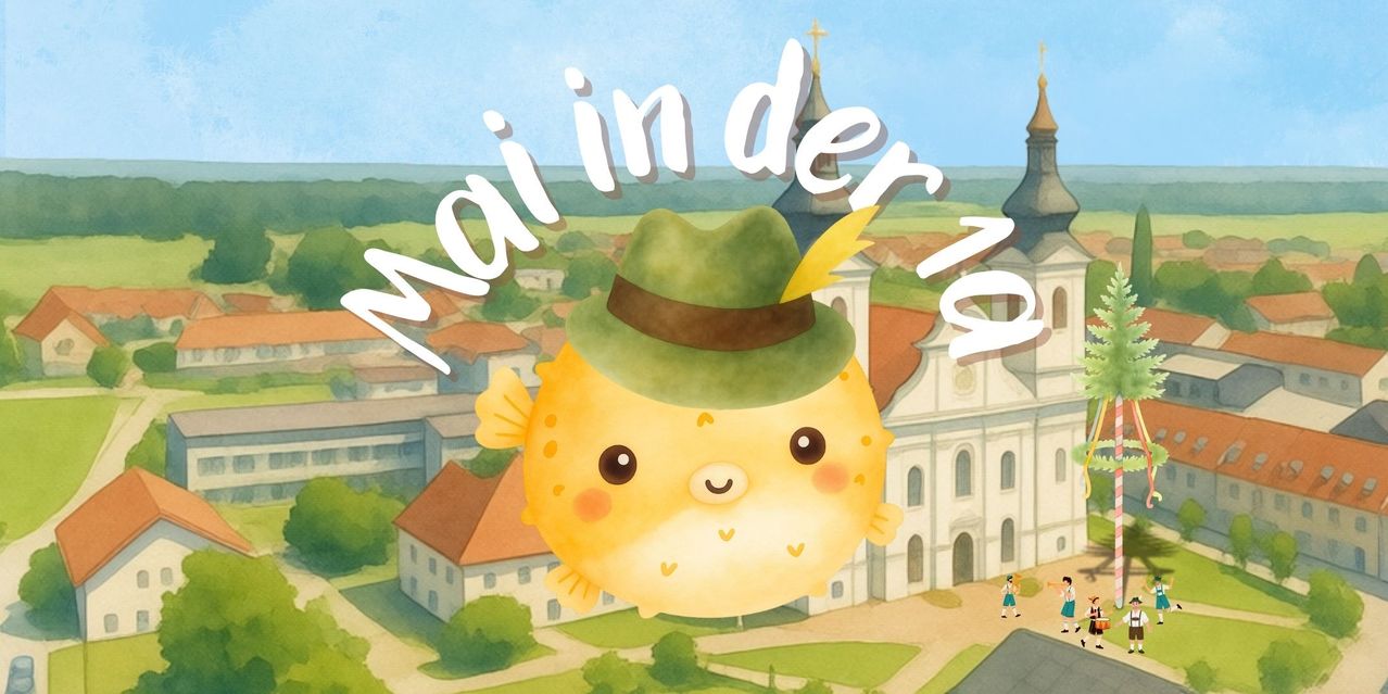 A cheerful fish with a green hat floats above a picturesque village with a church and buildings in the background.