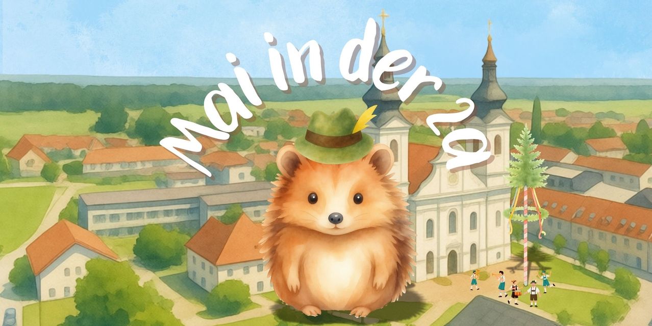 A hedgehog wearing a green hat with a yellow feather is in front of a church and houses. The words Mainder 2 are on the top.
