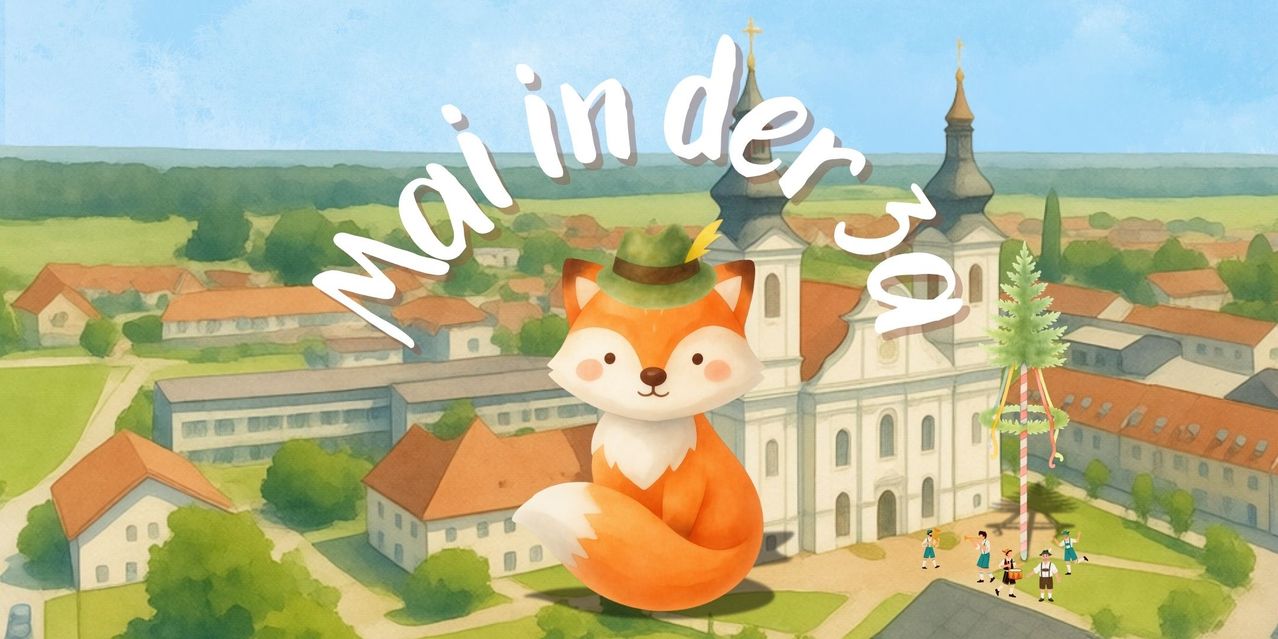 An illustration of a fox wearing a green hat floats above a town with buildings and a church. A girl walks nearby.