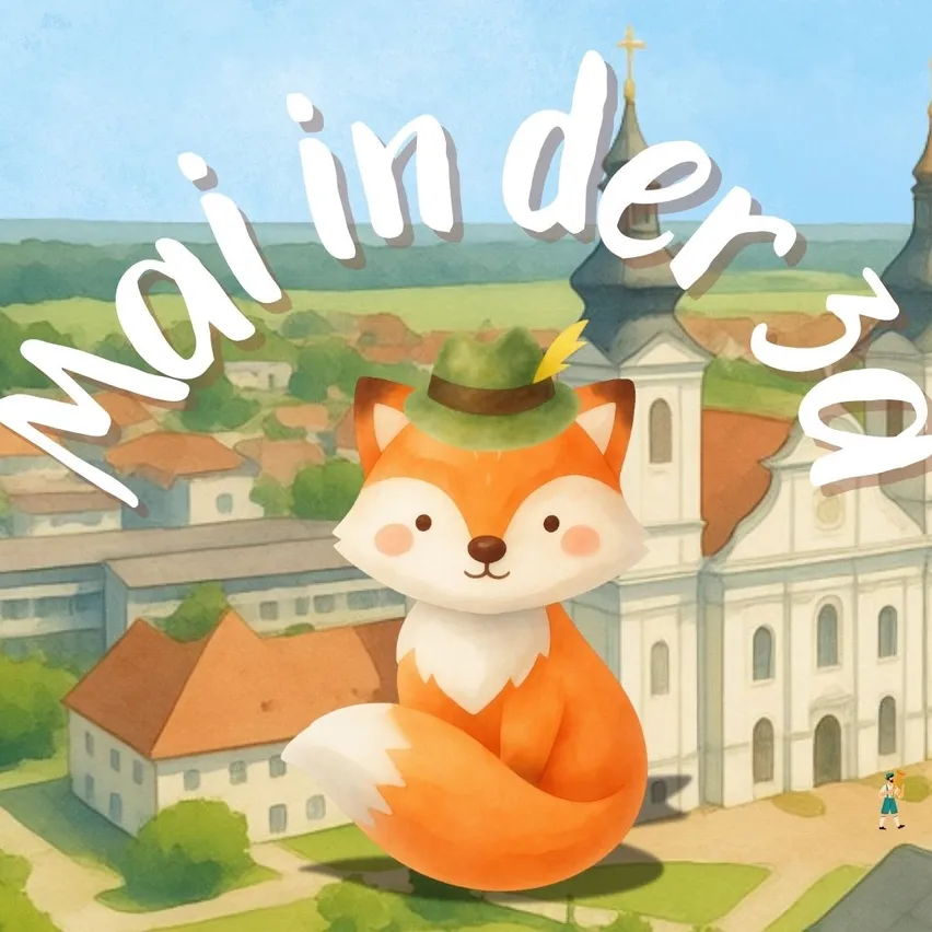 Eine Illustration eines Fuchses mit grünem Hut schwebt über einer Stadt mit Gebäuden und einer Kirche. Ein Mädchen geht in der Nähe vorbei.