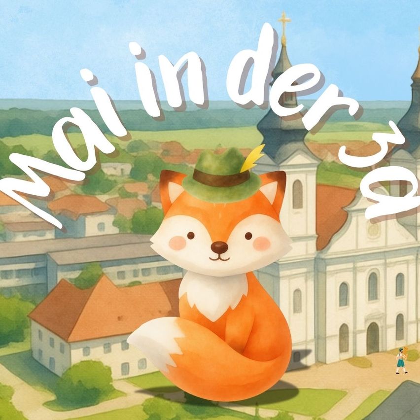Eine Illustration eines Fuchses mit grünem Hut schwebt über einer Stadt mit Gebäuden und einer Kirche. Ein Mädchen geht in der Nähe vorbei.
