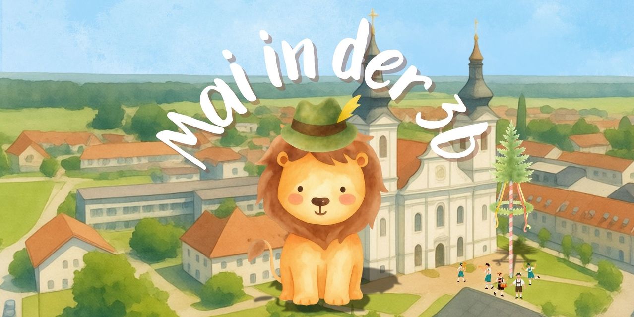 A lion wearing a green hat stands in front of a church. In the background, there are buildings and a clear blue sky.