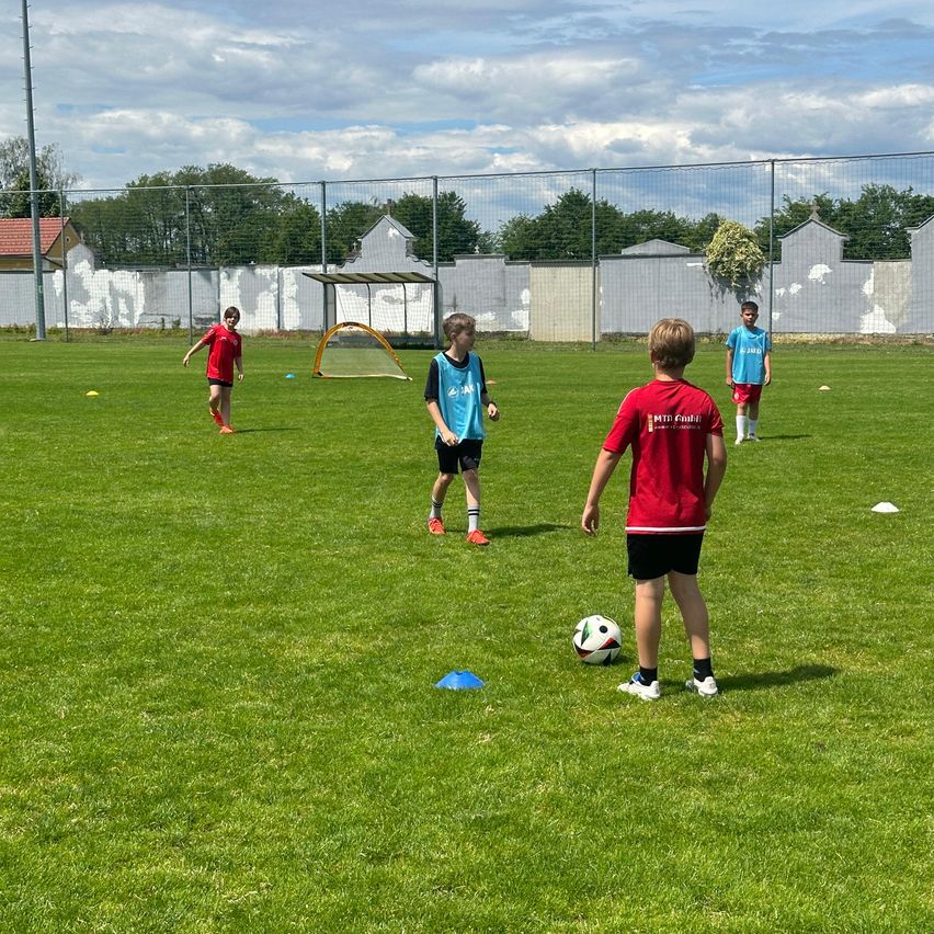 Five children are practicing soccer on a green field, each in different colored uniforms. One child is near the soccer ball, while others are positioned at a distance. A goal is present behind them, and they are surrounded by orange cones.