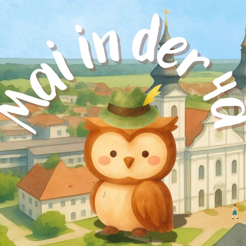 Eine Illustration einer Eule mit grünem Hut vor einer Stadt mit den Worten Main in der Hö darüber geschrieben.