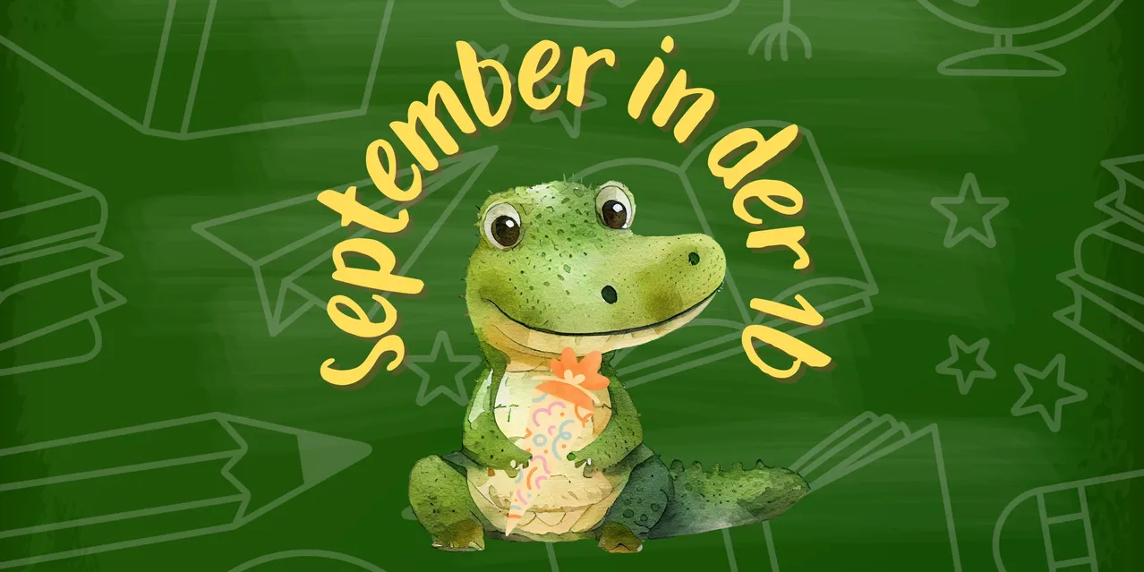 Eine Illustration eines grünen Frosches, der ein Ei hält, mit den Worten 'September in der 2' darüber geschrieben.