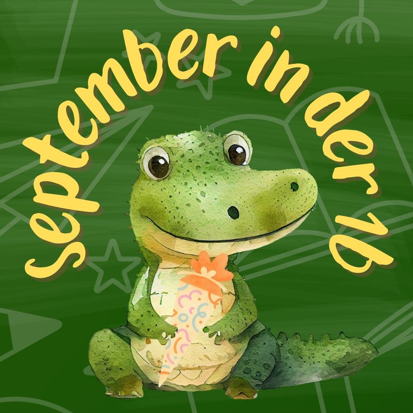 Eine Illustration eines grünen Frosches, der ein Ei hält, mit den Worten 'September in der 2' darüber geschrieben.