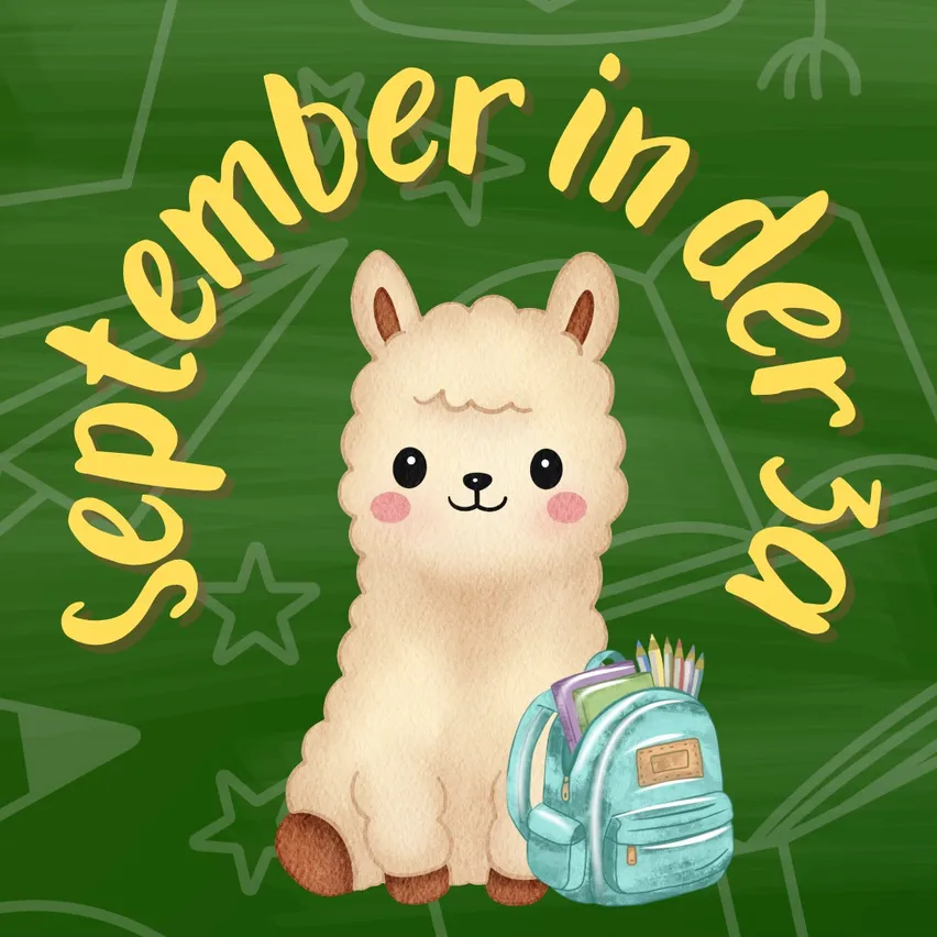 Eine Illustration eines lächelnden Alpakas, das auf einer grünen Tafel mit dem Text 'September in der 99' sitzt.