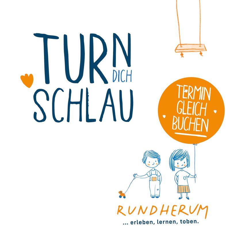 Illustration eines Jungen und eines Mädchens, die einen Ballon halten. Der Text lautet 'Turn Dich Schlau' und 'Termin gleich Buchen'.