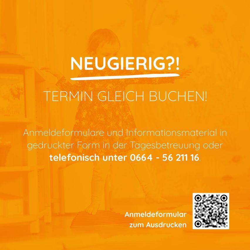 Werbeanzeige mit orangefarbenem Hintergrund, die zur Buchung eines Termins einlädt. Sie zeigt eine Silhouette eines Kindes und enthält eine Telefonnummer sowie einen QR-Code für ein Bewerbungsformular.