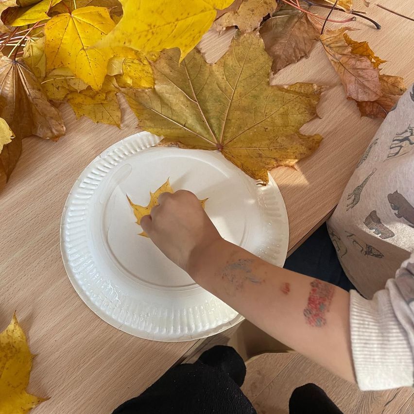A person places a yellow leaf on a white paper plate, surrounded by other leaves on a wooden table.