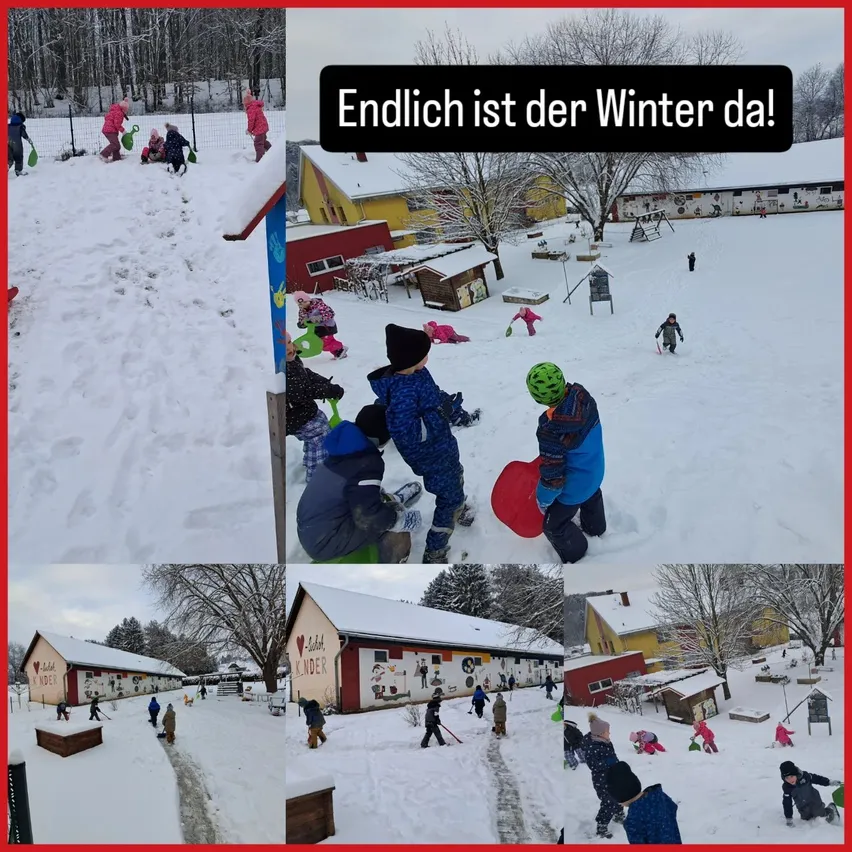 Eine Collage von Kindern, die im Schnee spielen. Es gibt verschiedene Bilder von Kindern, die Schneemänner bauen, Schnee schaufeln und die Winterlandschaft genießen. Der Text in der Mitte lautet 'Endlich ist der Winter da!' auf Deutsch.