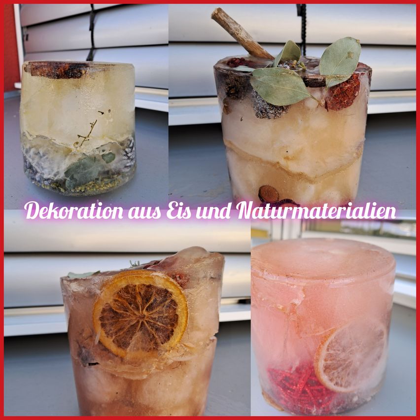 Vier Eisskulpturen mit jeweils einer einzigartigen Dekoration werden gezeigt. Eine hat eine Zitronenscheibe, eine andere hat Beeren und die dritte hat grüne Blätter.