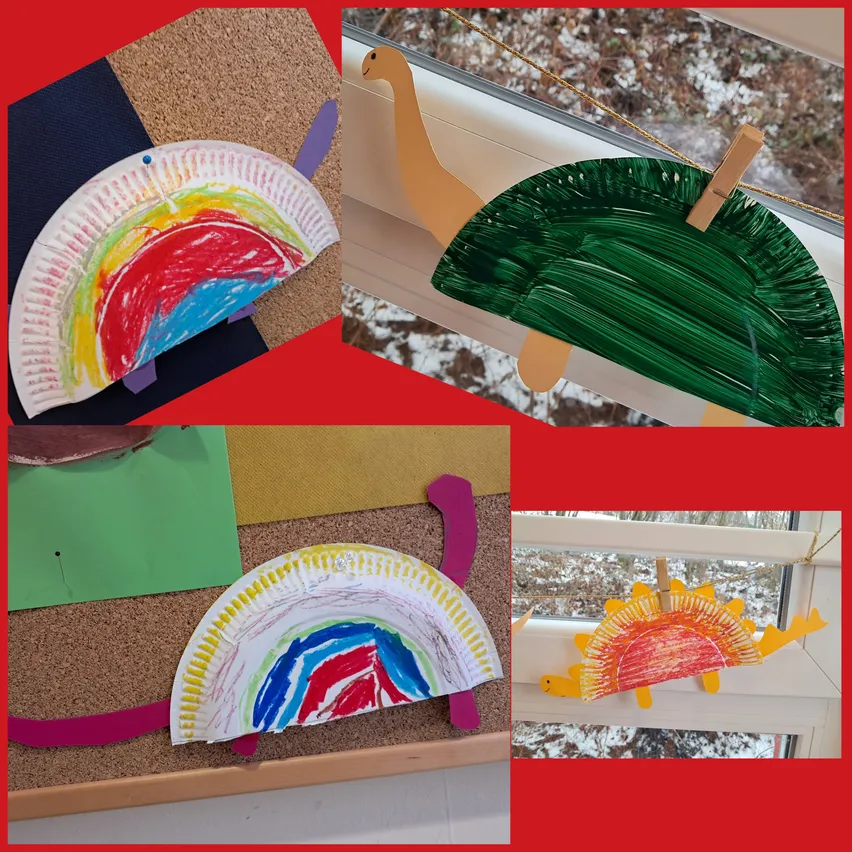 Eine Collage aus Papierteller-Basteleien: ein Regenbogenfächer, eine grüne Schildkröte, ein gelber Dinosaurier und ein roter Hintergrund. Jedes Stück ist farbenfroh und scheint Teil einer Klassenzimmeraktivität zu sein.
