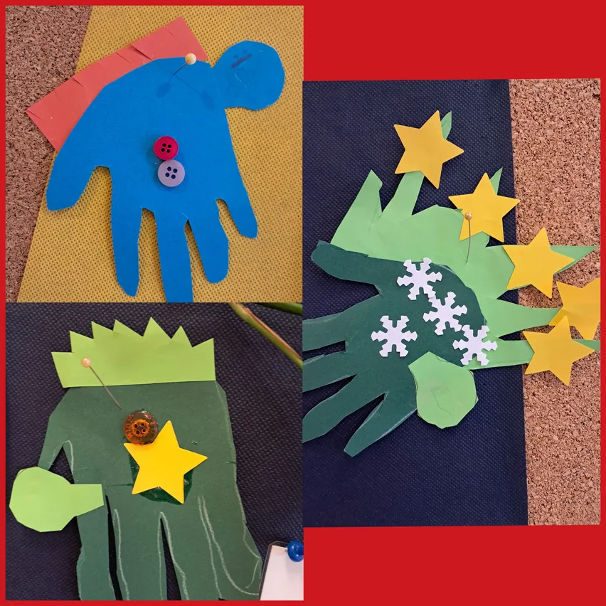 Eine Collage aus vier Papierhandwerken. Oben links eine blaue Hand mit drei Knöpfen. Oben rechts eine grüne Hand mit Schneeflocken. Unten links eine grüne Hand mit einem gelben Stern. Unten rechts eine grüne Hand mit gelben Sternen.