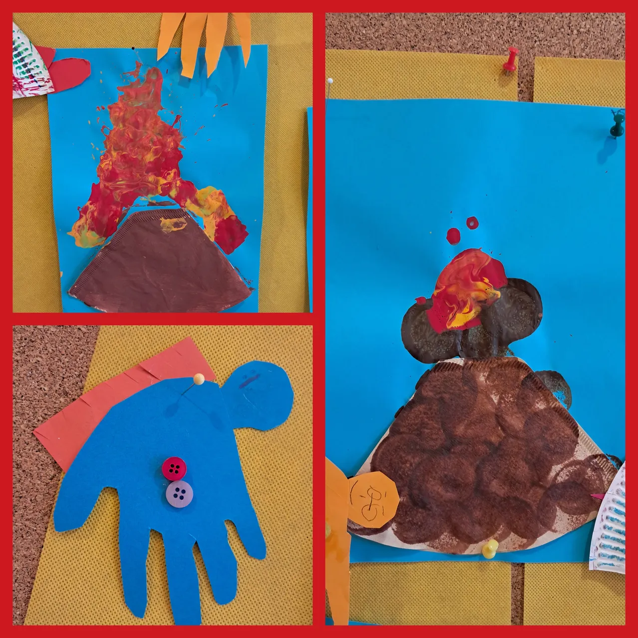 Eine Collage von Kunstprojekten umfasst einen Vulkan mit roter und gelber Farbe, eine blaue Hand mit drei Knöpfen und ein mehrschichtiges braunes Objekt, das einer Truthahn ähnelt.
