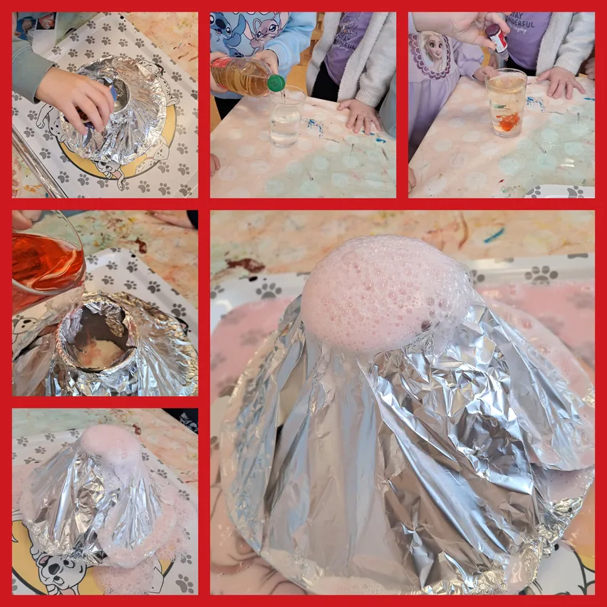 Eine Collage von Bildern zeigt Kinder, die Flüssigkeiten in einen silbernen Folienkegel gießen, ein Kind, das Flüssigkeiten in einem Becher mischt, und ein fertiges Vulkanmodell, das mit Silberfolie bedeckt ist.