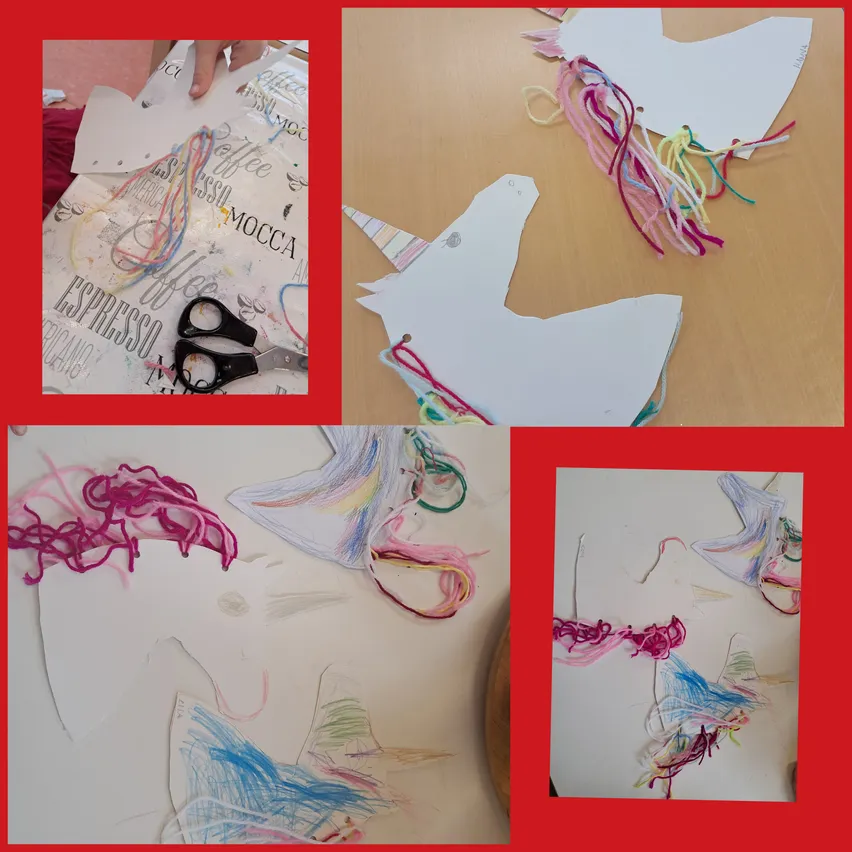 Eine Collage von Bastelmaterialien, einschließlich Papierausschnitten, Garn und Scheren, wird auf rotem Hintergrund gezeigt. Die Stücke sind Teil eines DIY-Einhornprojekts.