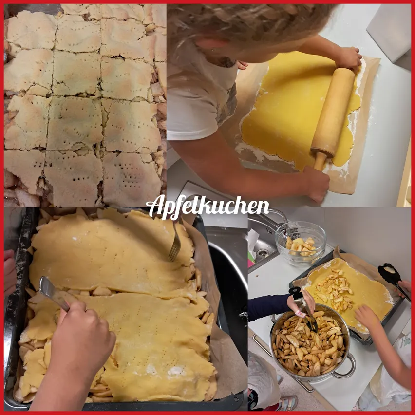 Eine Collage von Bildern, die den Prozess der Herstellung von Apfelkuchen zeigt, vom Ausrollen des Teigs bis zum Hinzufügen von Apfelscheiben.