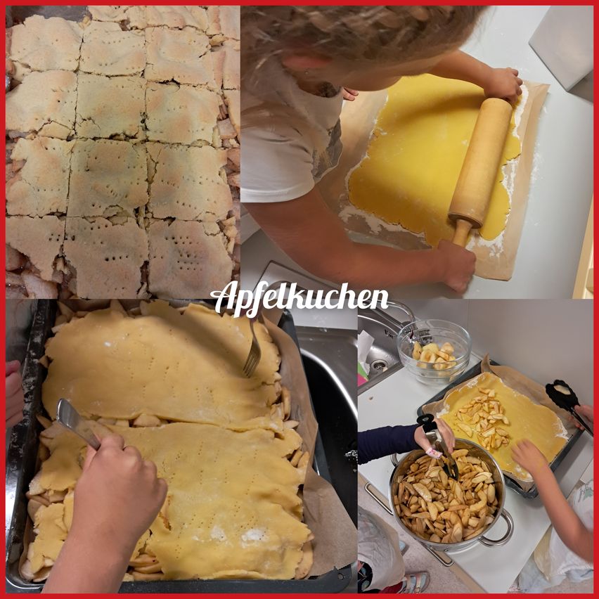 Eine Collage von Bildern, die den Prozess der Herstellung von Apfelkuchen zeigt, vom Ausrollen des Teigs bis zum Hinzufügen von Apfelscheiben.