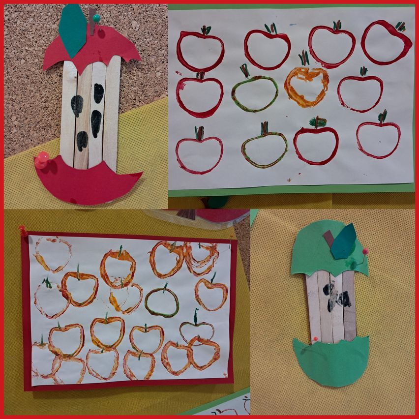 Eine Collage aus vier apfelthematischen Bastelarbeiten: ein roter Apfelbastel, ein weißes Papier mit roten Apfeldrucken, ein roter Apfelbastel mit einem grünen Blatt und ein roter Apfelbastel mit einem grünen Blatt und einem Stock.