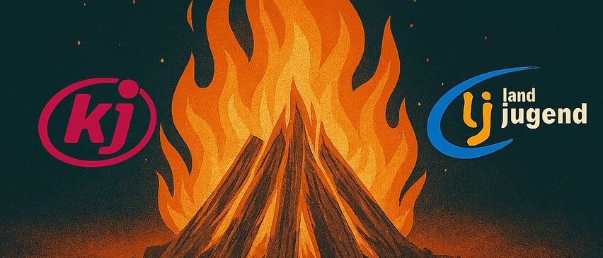 Plakat für KIJ/LJ Pischelsdorf-Veranstaltung am 04.04.2026. Zeigt ein Lagerfeuer, KIJ-Logo und blaues Jugend-Logo. Text: 'Nach der Osternachtsfeier (Messe Start 10:00)'.