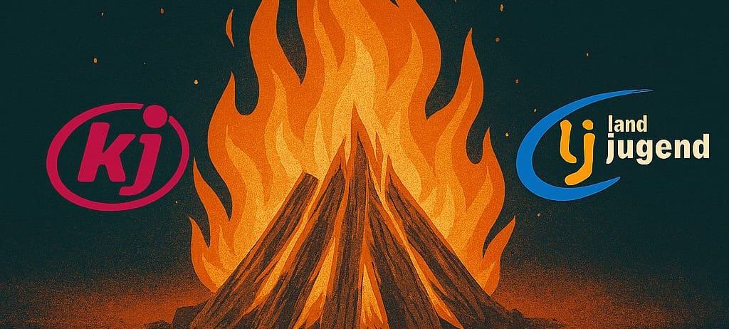 Plakat für KIJ/LJ Pischelsdorf-Veranstaltung am 04.04.2026. Zeigt ein Lagerfeuer, KIJ-Logo und blaues Jugend-Logo. Text: 'Nach der Osternachtsfeier (Messe Start 10:00)'.