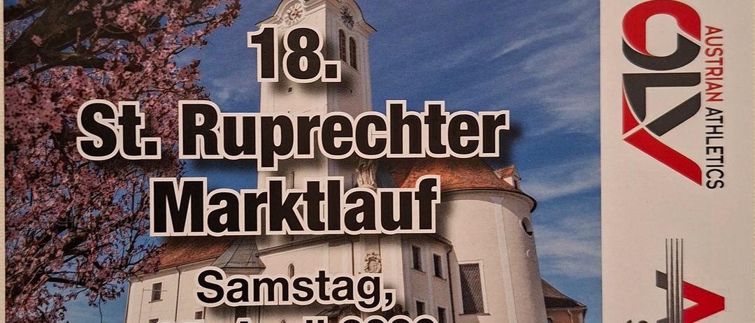 Plakat für den 18. St. Ruprechter Marktlauf. Datum: Samstag, 25. April 2026. Zeigt eine Kirche und einen Kirchturm mit Uhr.