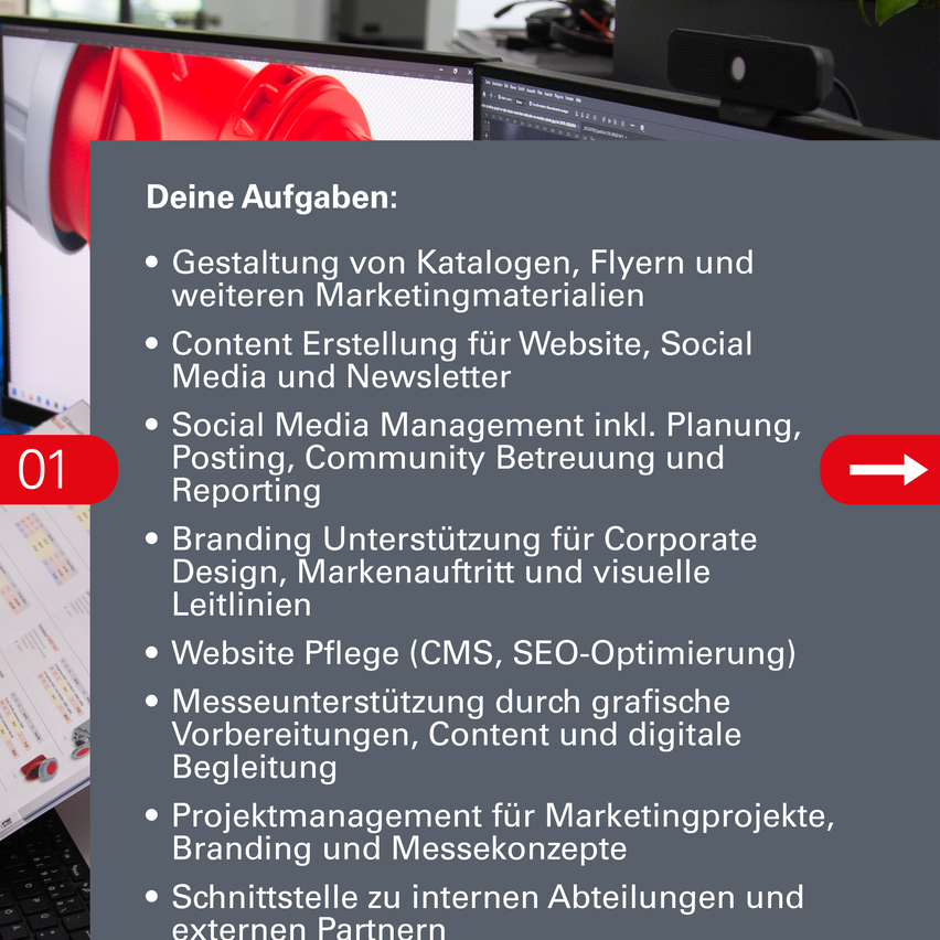 Ein Folienbild zeigt die Aufgaben eines Marketingjobs, einschließlich Kataloggestaltung, Contenterstellung, Social-Media-Management und Websitepflege.