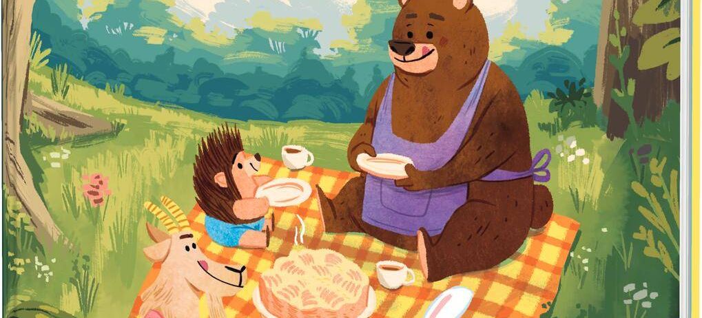 Eine Outdoor-Picknickszene mit einem Bären, einer Ziege, einem Hasen und einem Igel, die gemeinsam eine Mahlzeit auf einer Decke genießen. Der Bär hält einen Teller mit Essen, und die Ziege sitzt neben einer Torte.