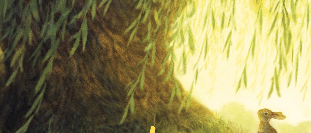 Illustration eines kleinen Hasen unter einem großen Weidenbaum mit dem Titel 'Der kleine Hase und die alte Weide' in Deutsch.