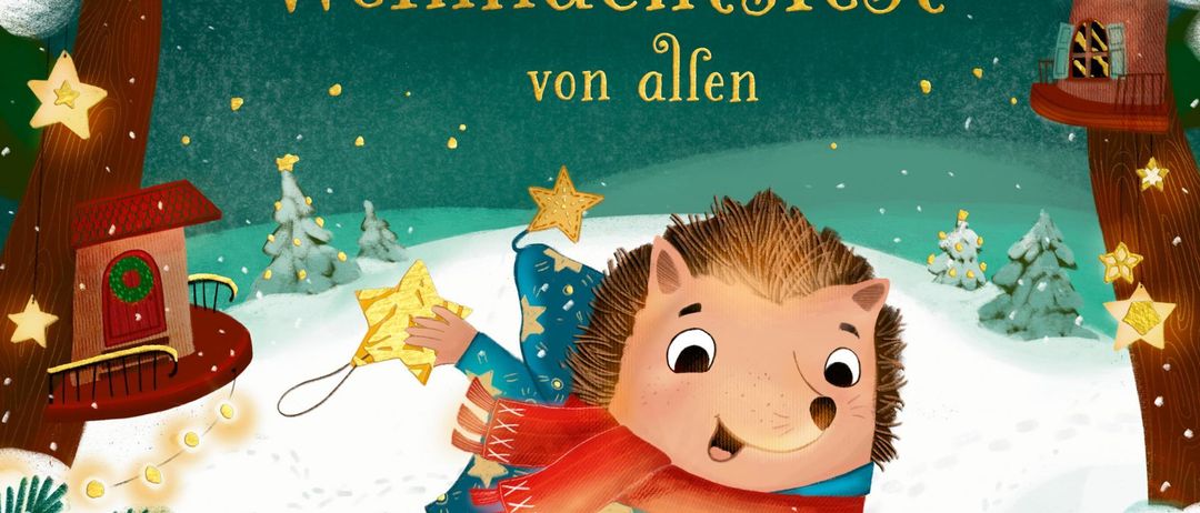 Buchcover mit einem Igel, der einen Stern hält, umgeben von Weihnachtsdekorationen und einer verschneiten Landschaft, mit dem Titel 'Das schonste Weihnachtsfest von allen' von Christian Seltmann und Anna Galitskaya.